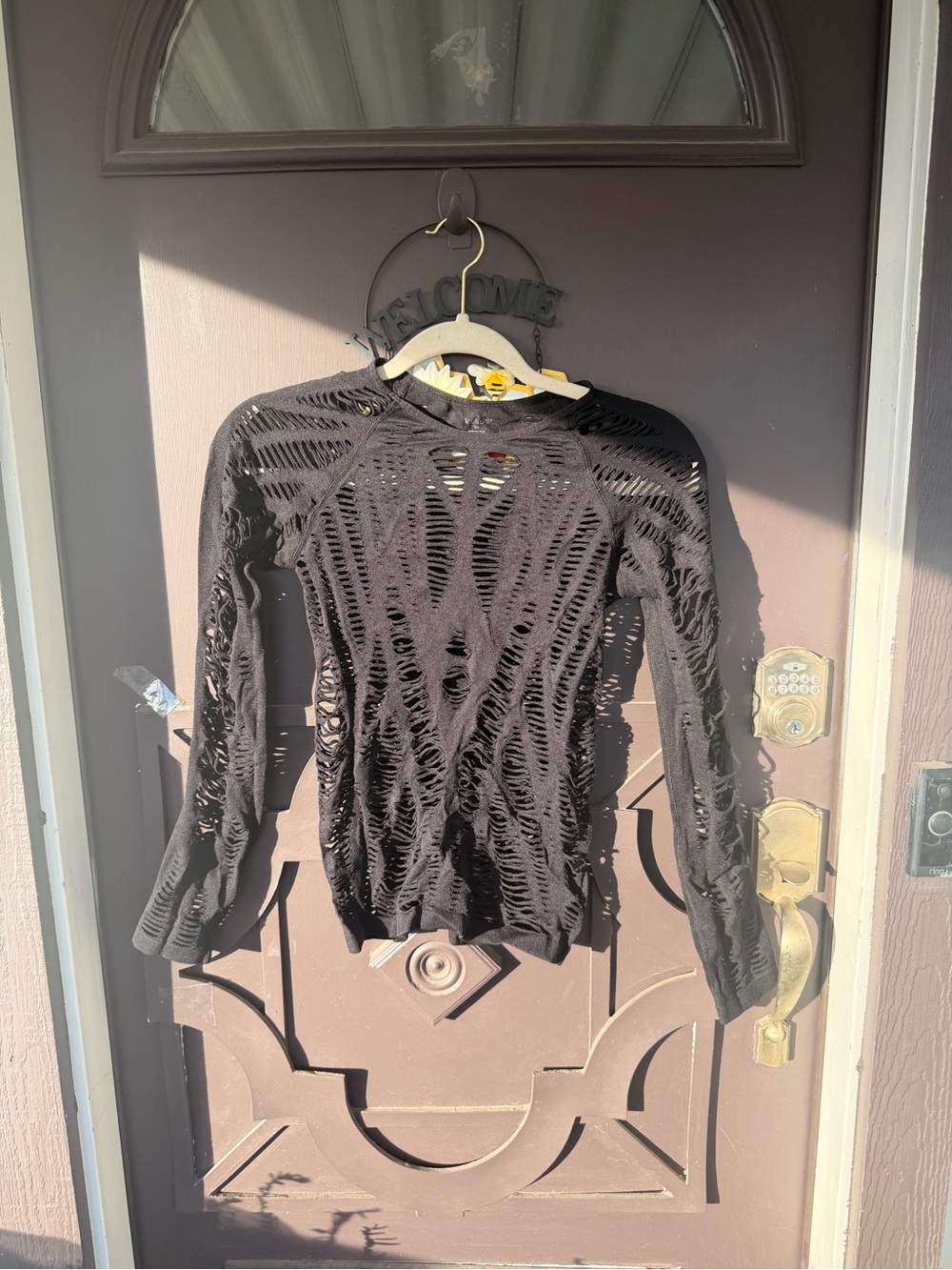 VENUS Black Distressed Openwork Long-Sleeve Knit Top